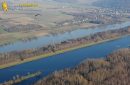 The Seine river and paramotor at Mantes-la-Jolie seen fron the sky