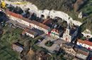 Troglodyte cliffs and the church of Mousseaux-sur-Seine seen from the sky